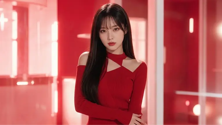 A woman in a red outfit performing in a red studio