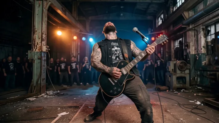 A rock guitarist performing on stage in an AI music video