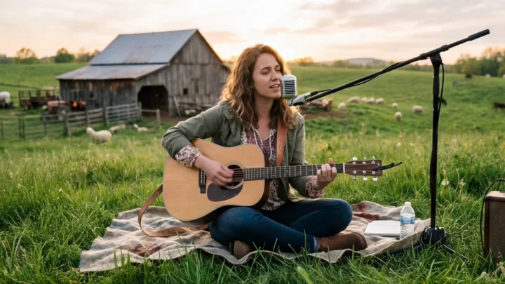 A singer-songwriter performing with a guitar at golden hour