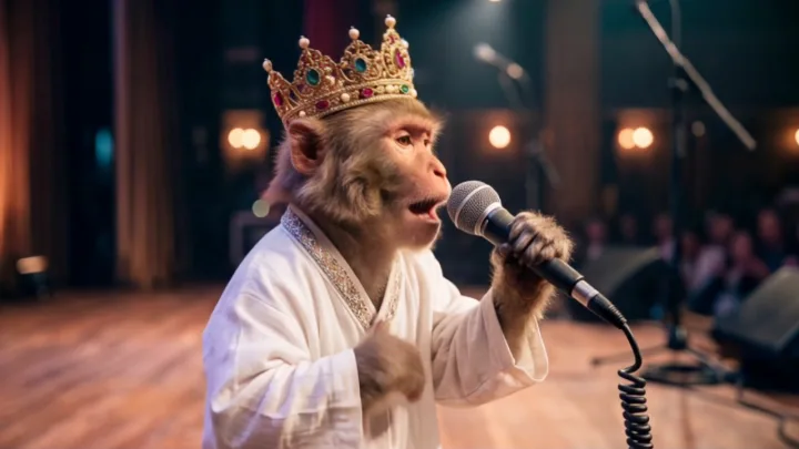 A costumed animal character singing on stage in an AI music video